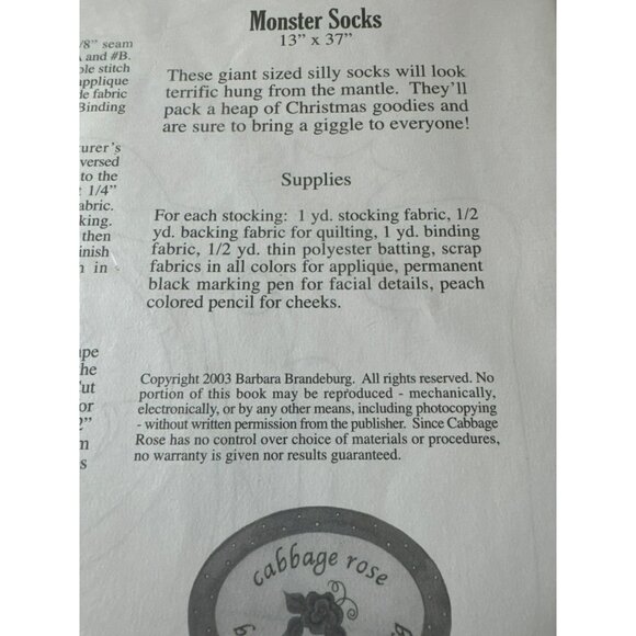 Monster Socks Pattern Kit By Cabbage Rose For Christmas Stockings - Picture 4 of 4